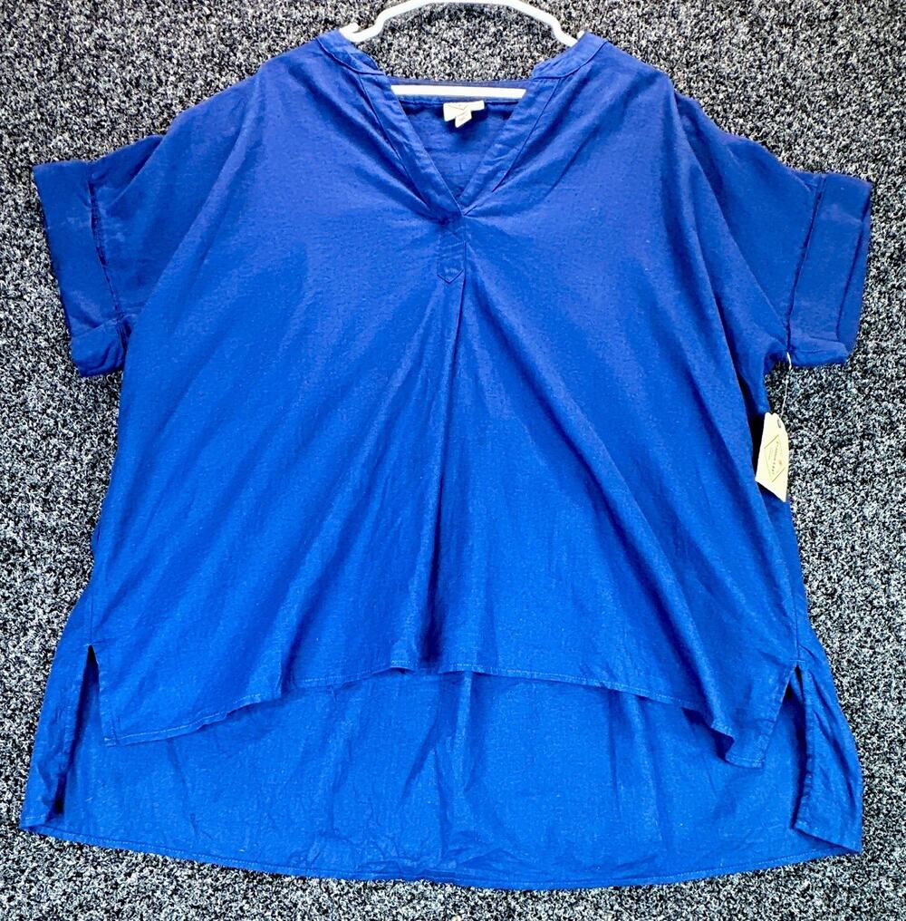 St. John's Bay Women's Blue V-Neck Flutter Sleeve Linen Tunic Blouse XL